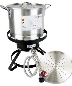 Cajun Outdoor Cooking High Pressure Propane Burner And 24 QT Aluminum Steamer Pot Bundle Stainless Pot Steamers